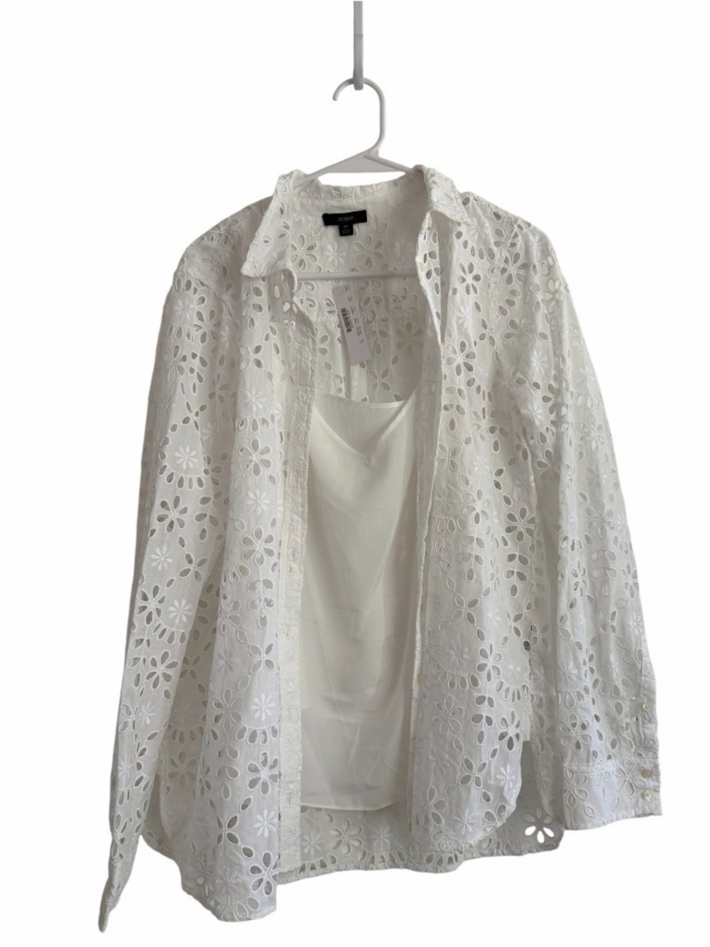 JCREW - White Eyelet Dainty Long Sleeve Collared Blouse Built In Cami - 14 NWT